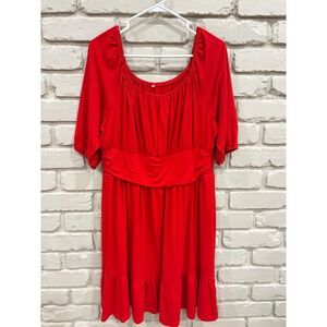 Anrabess Women Red Scoop Neck Empire Waist Ruffle Hem Puff Sleeve Dress XL